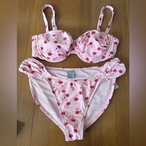 Shade & Shore Light Pink Floral Underwire Bikini Set Top 38DD bottom L12-14